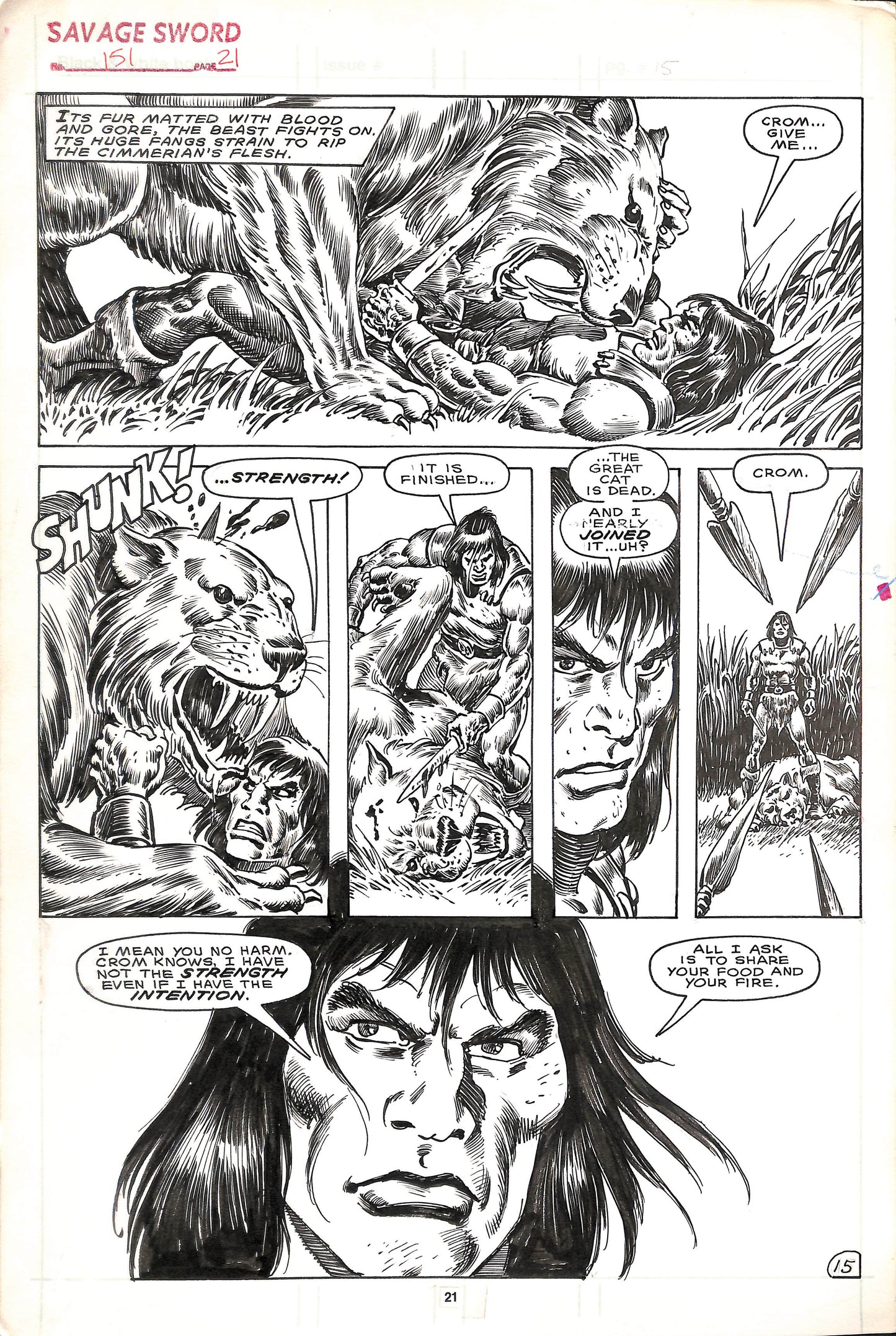 The Savage Sword of Conan 151- 21 - tavola originale 43x29 cm- china su carta