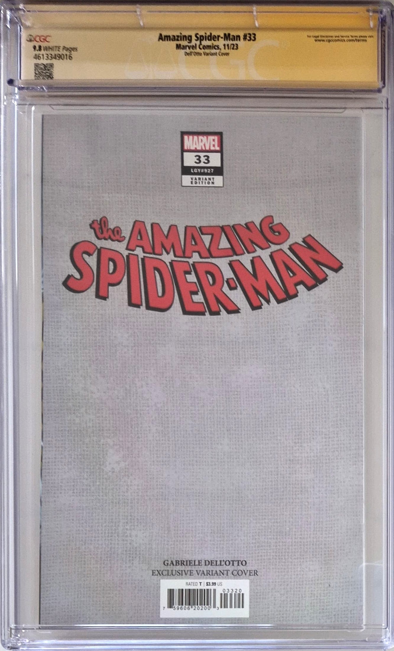 Amazing Spider-Man #33 – Variant Cover CGC 9.8 Signed by Gabriele Dell'Otto – Legacy #927 - Marvel Comics, 2023