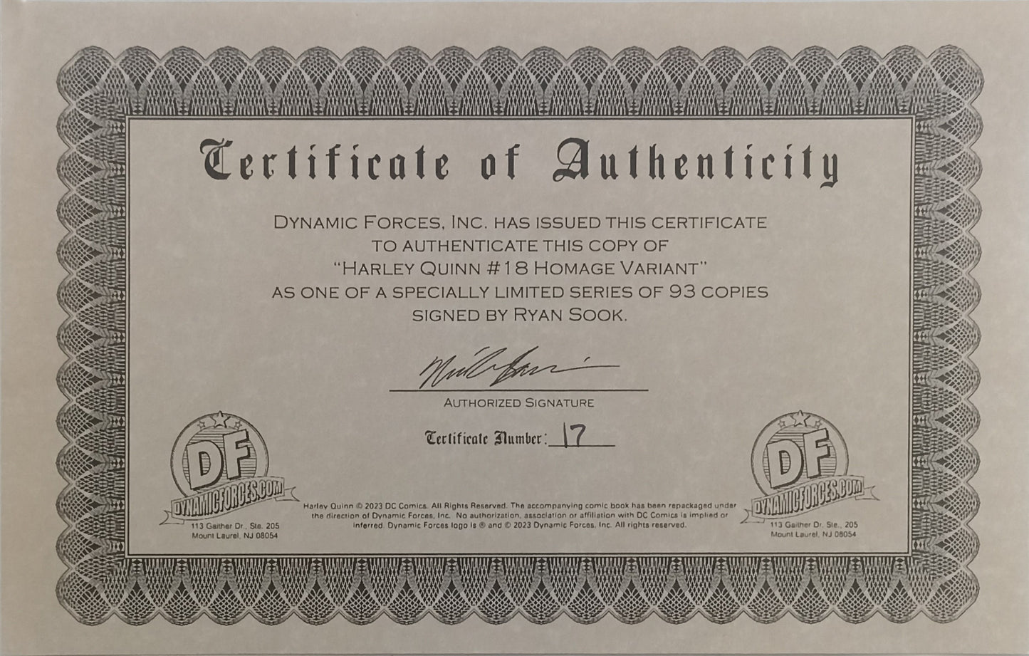 Harley Quinn #18 - CGC 9.8 - Sook Variant Cover - Signed by Ryan Sook with Certificate - DC Comics